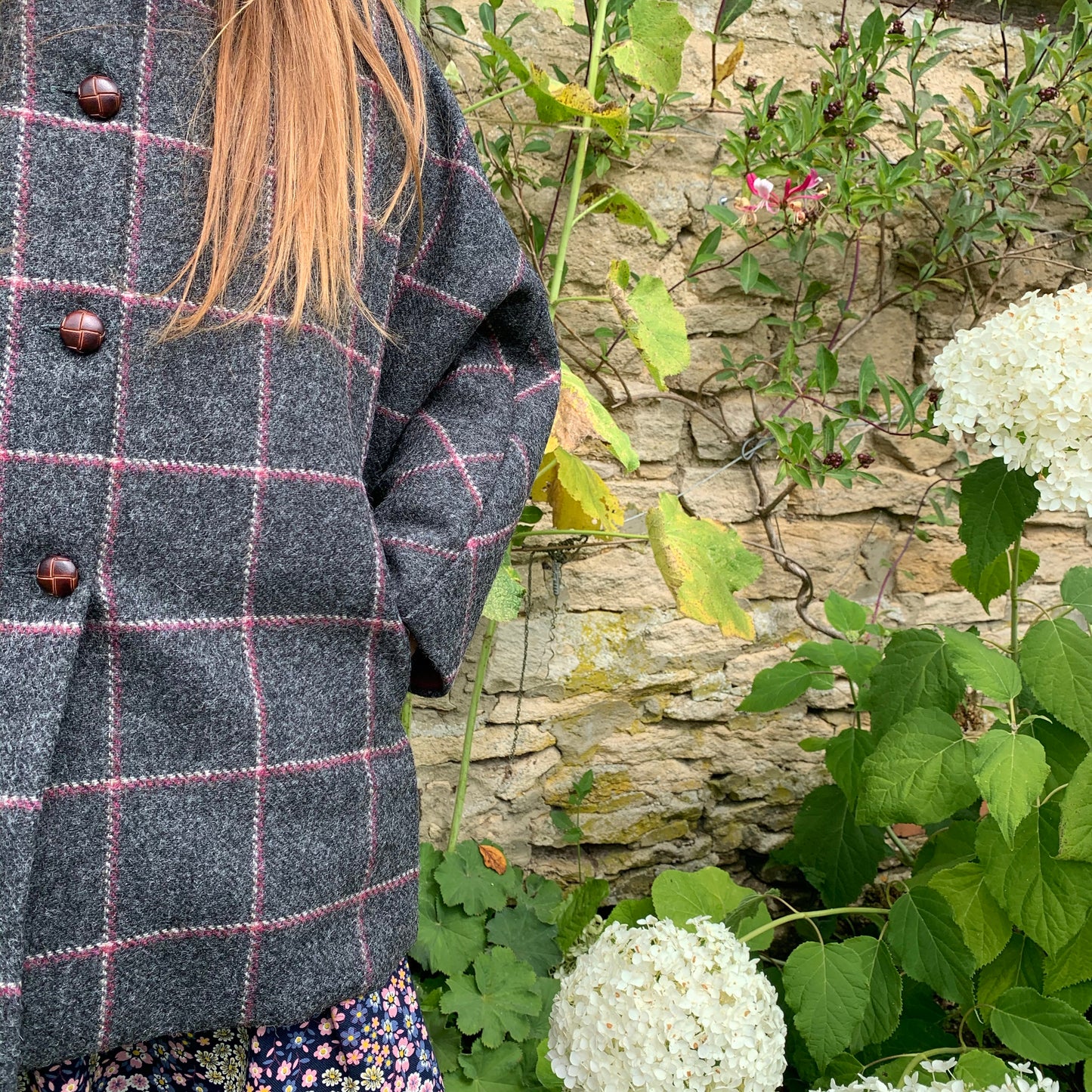 ‘Iris' Girls soft grey with pink window check Shetland Wool hooded cape  - 'Cicely Mary Barker'