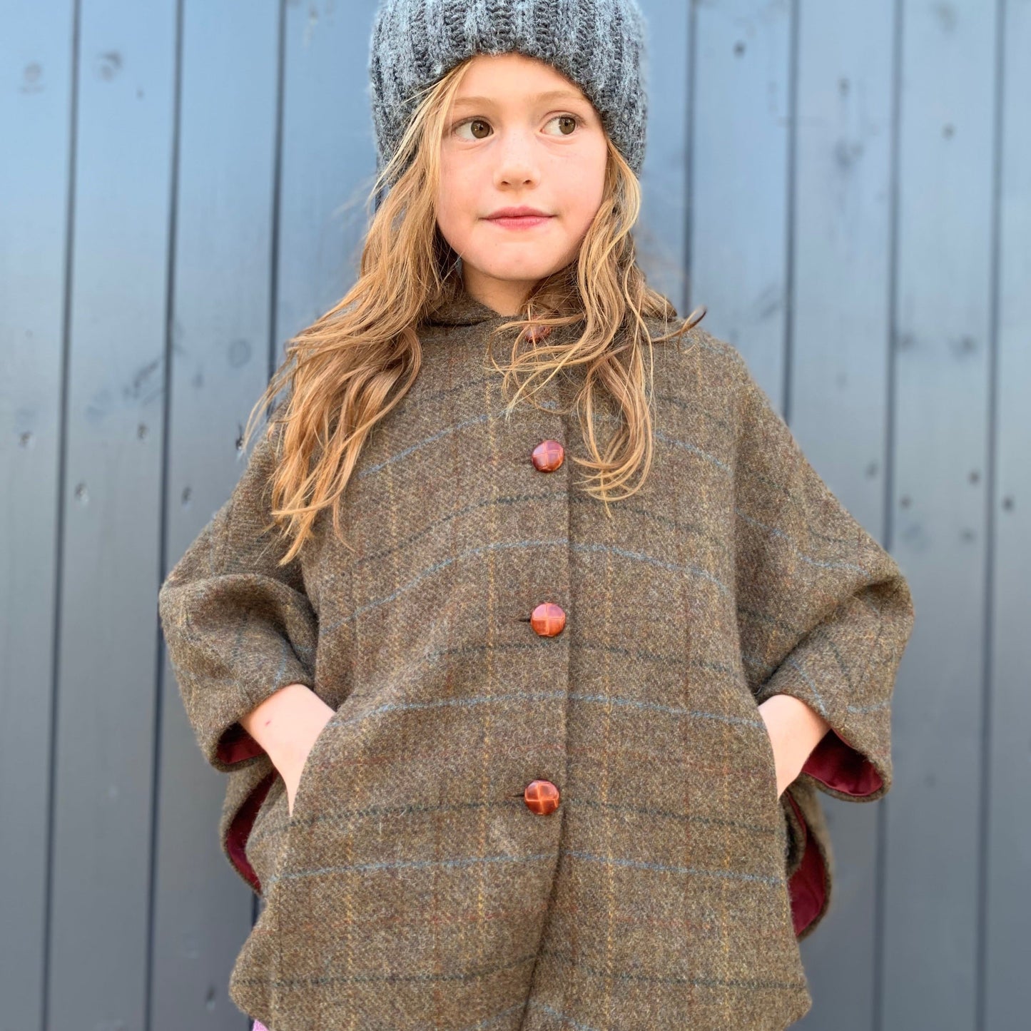 SAMPLE SALE 'Iris' Girls brown 100% Shetland Wool checked hooded cape - Christopher Robin SIZE 4-7 years