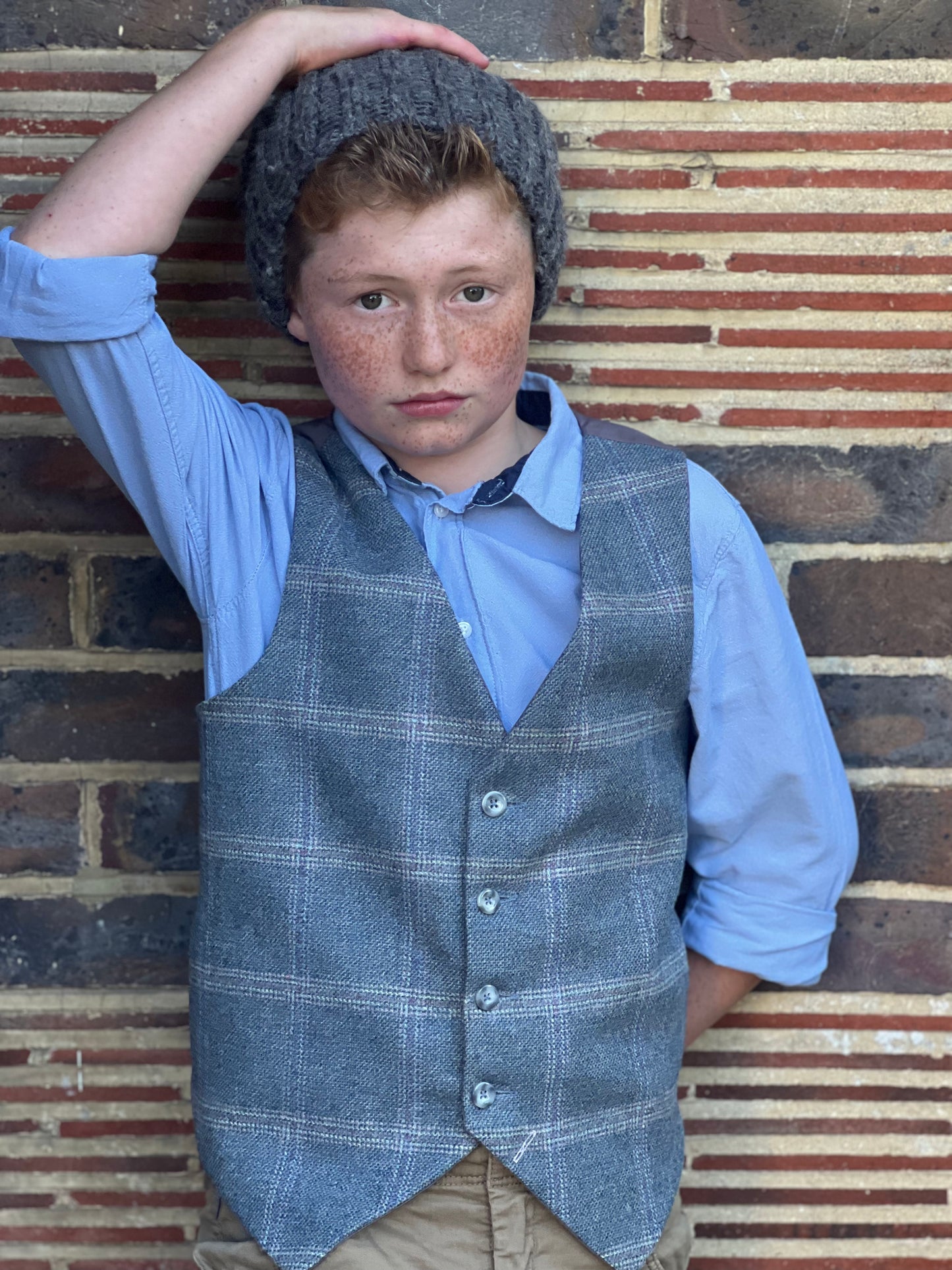 ‘Gabriel Oak' Boys waistcoat handmade in an aristocratic blue check British Tweed
