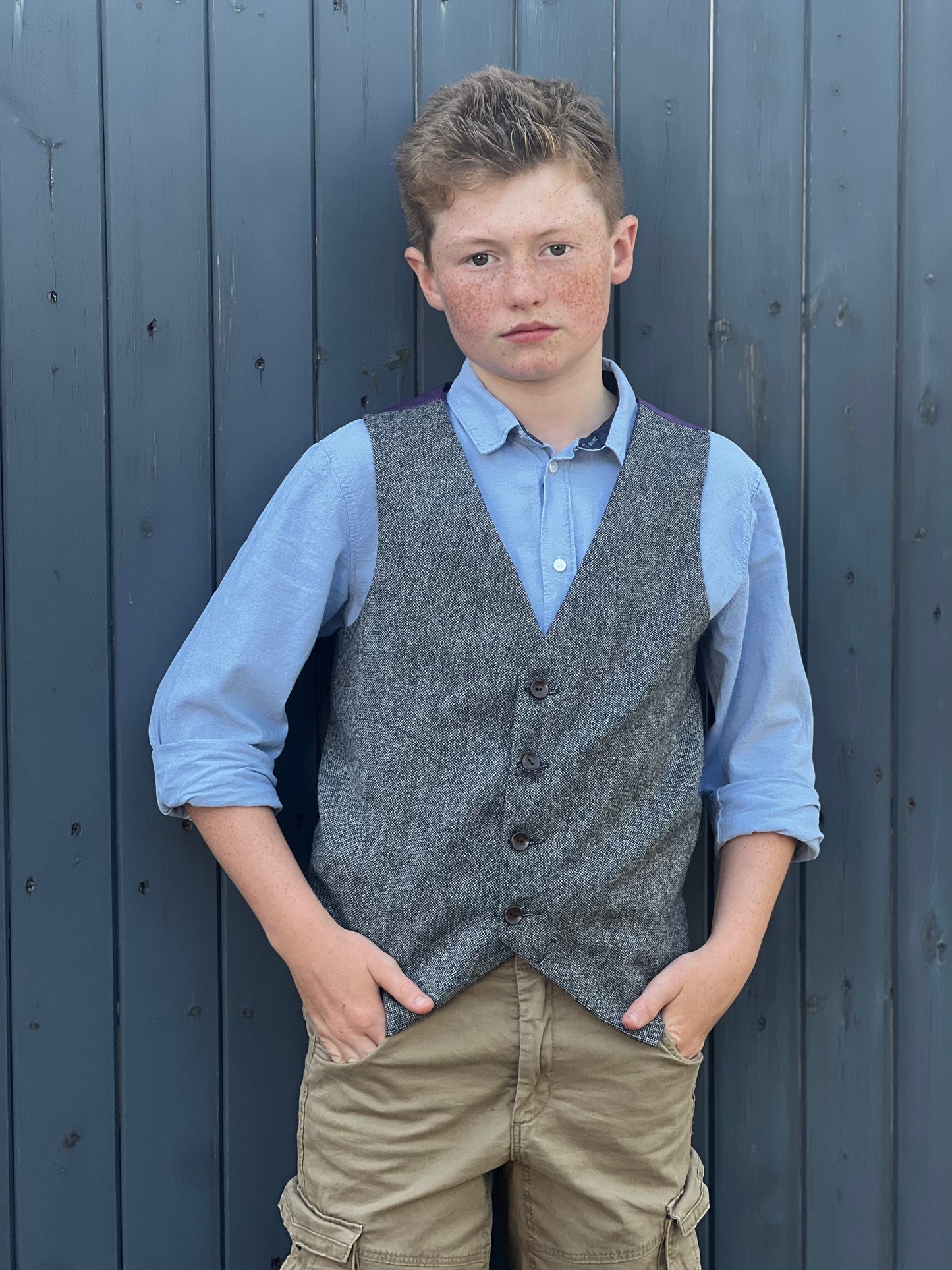 'Prince Caspian' boys waistcoat in a speckled charcoal British Tweed