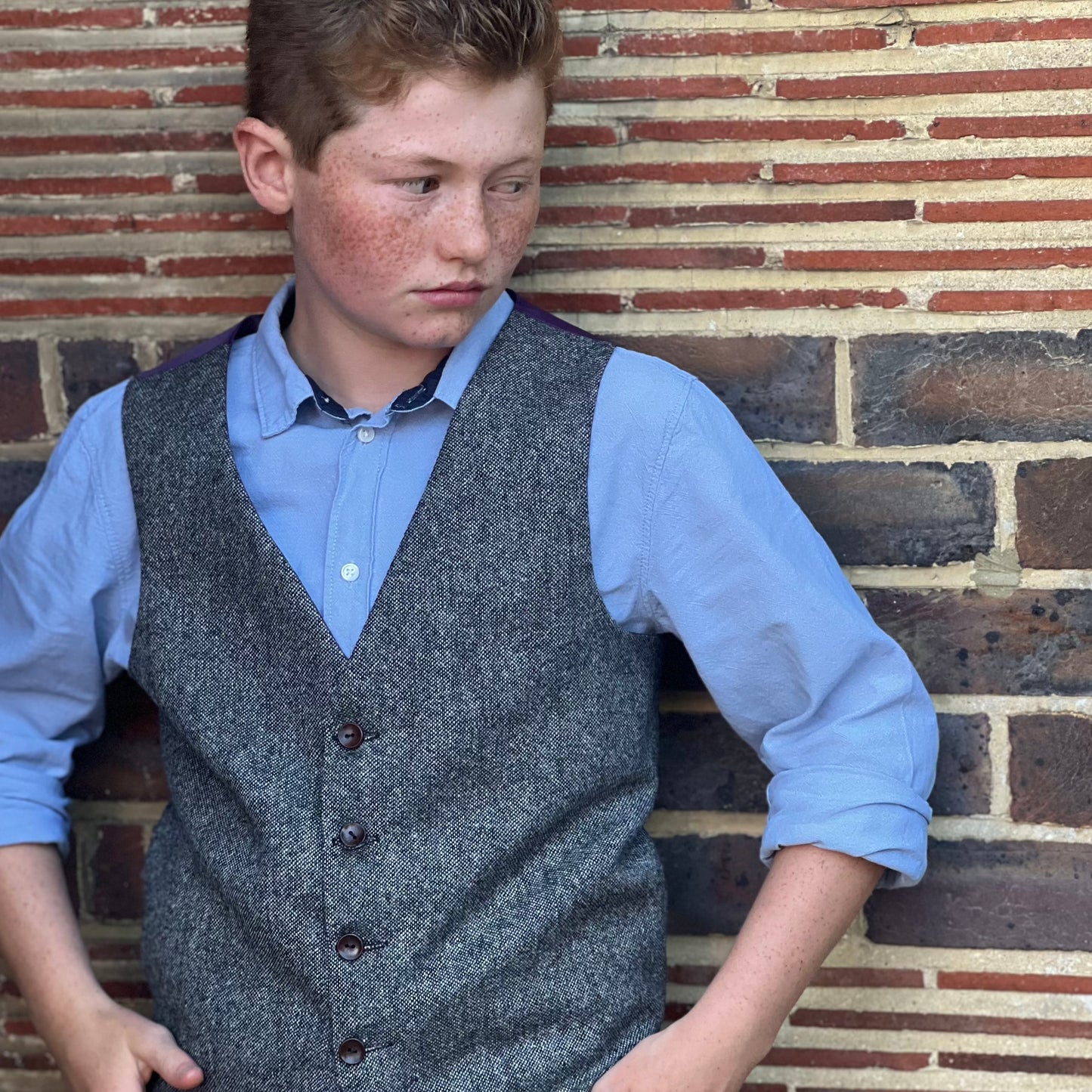 'Prince Caspian' boys waistcoat in a speckled charcoal British Tweed