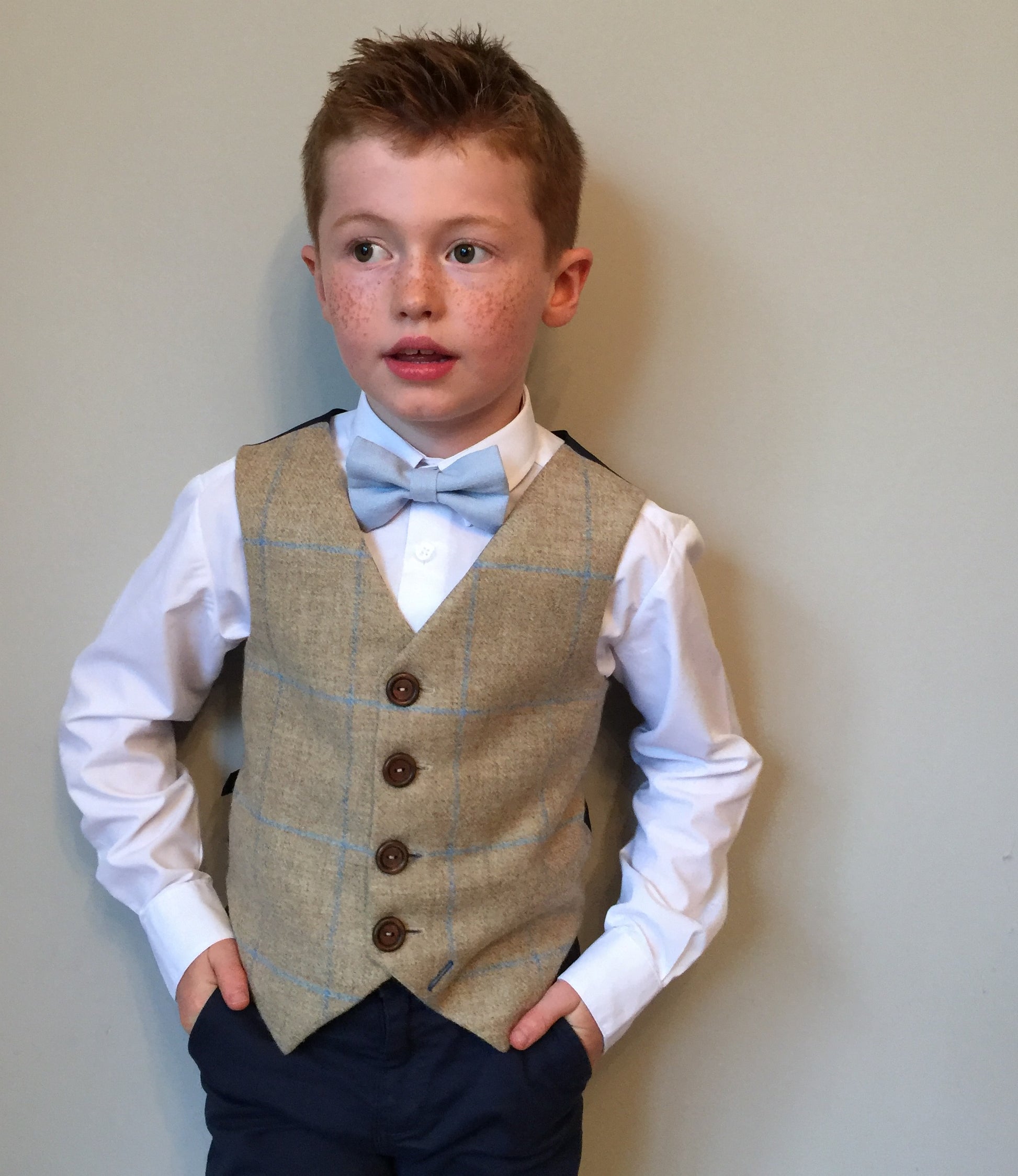 Boys waistcoat, British Tweed waistcoat, pageboy outfit, boys clothing, beige waistcoat with blue over check - Walt