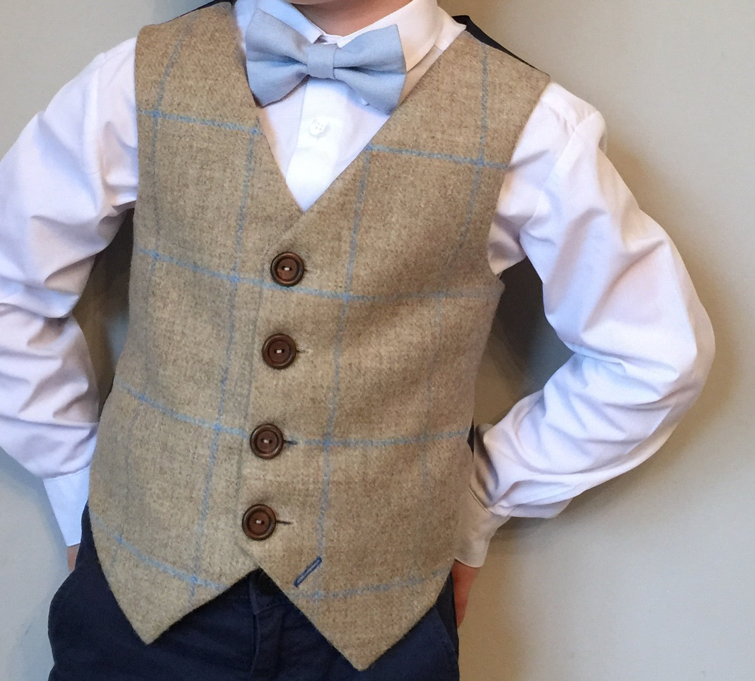 Boys waistcoat, British Tweed waistcoat, pageboy outfit, boys clothing, beige waistcoat with blue over check - Walt