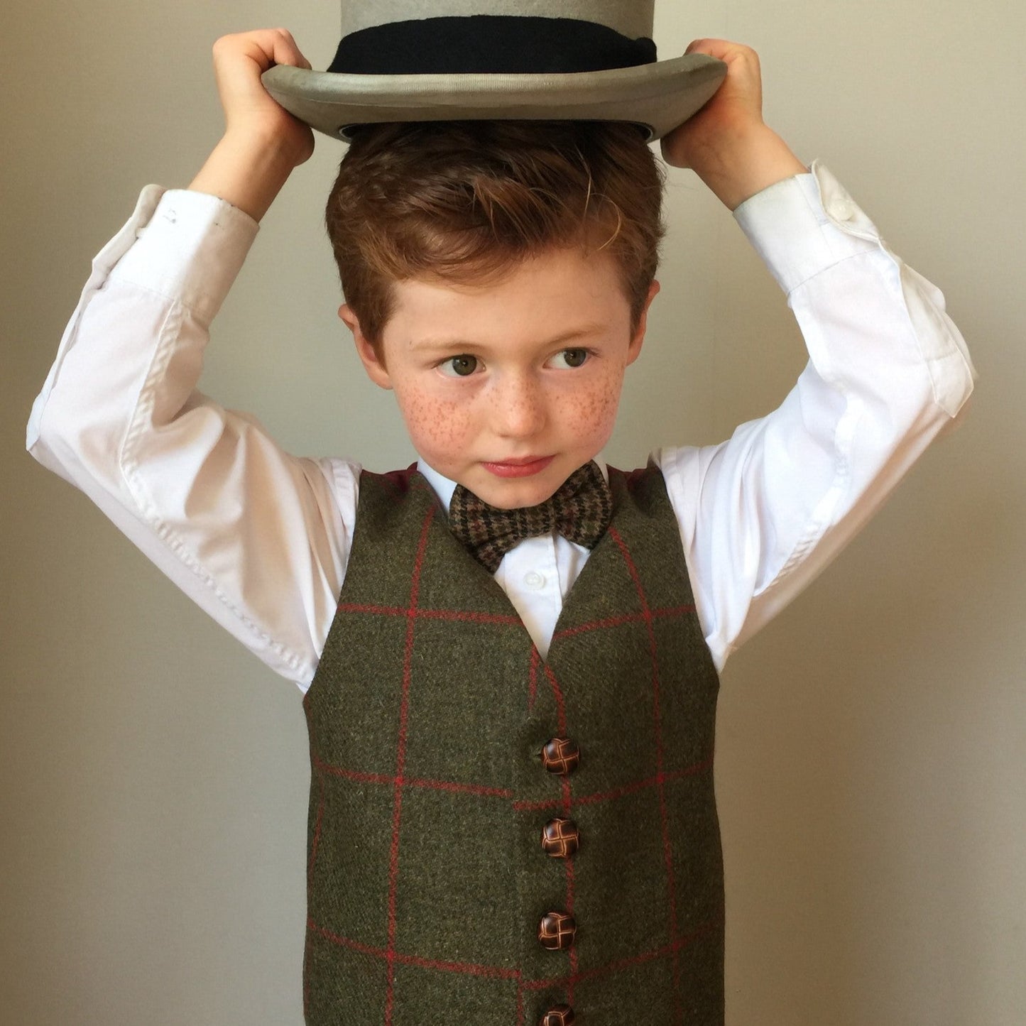 Boys waistcoat, British Tweed waistcoat, pageboy outfit, boys clothing, olive green and red check waistcoat - caractacus potts