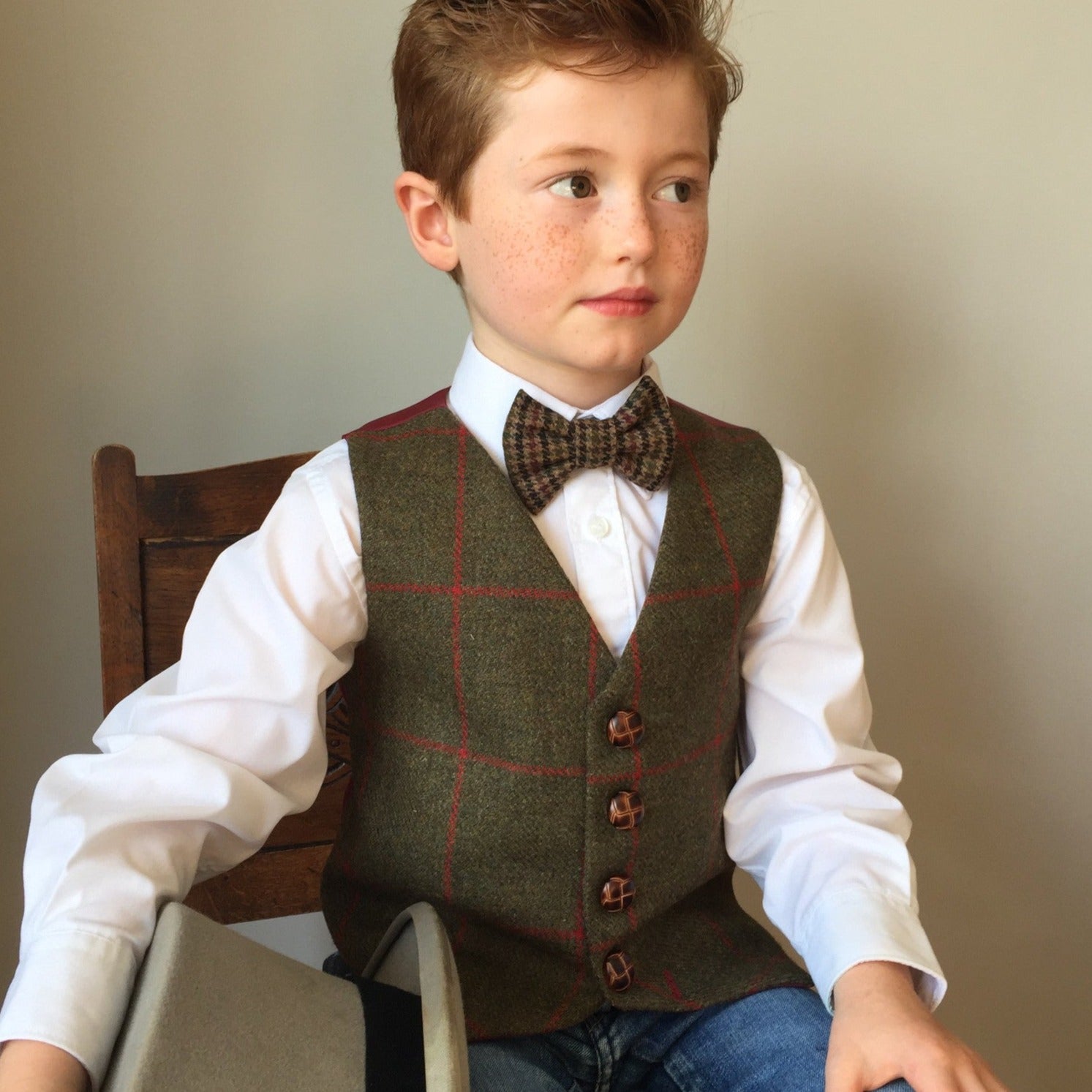 Boys waistcoat, British Tweed waistcoat, pageboy outfit, boys clothing, olive green and red check waistcoat - caractacus potts