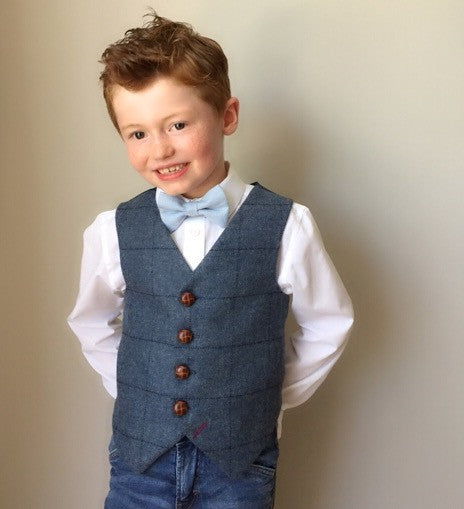 Boys waistcoat, British Tweed waistcoat, pageboy outfit, boys clothing, blue with dark blue over check waistcoat - earl of grantham