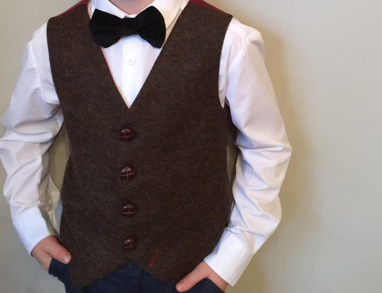 Boys waistcoat, British Tweed waistcoat, pageboy outfit, boys clothing, dark brown herringbone waistcoat - Holmes