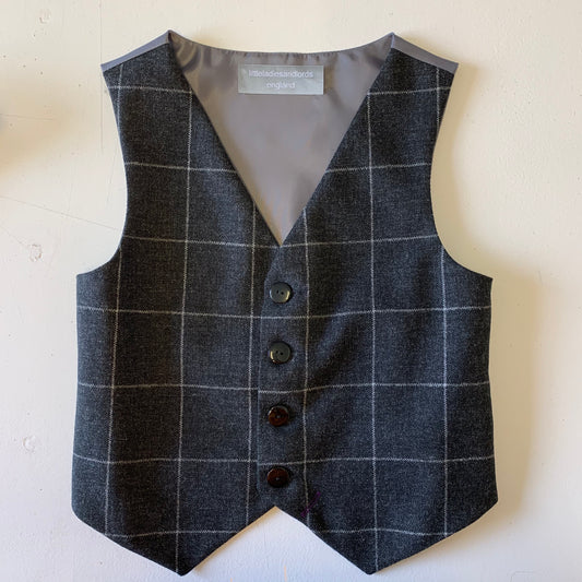SAMPLE SALE ‘Mr Banks' Boys waistcoat handmade in a coal and fog lambs wool window check size 7-8 years