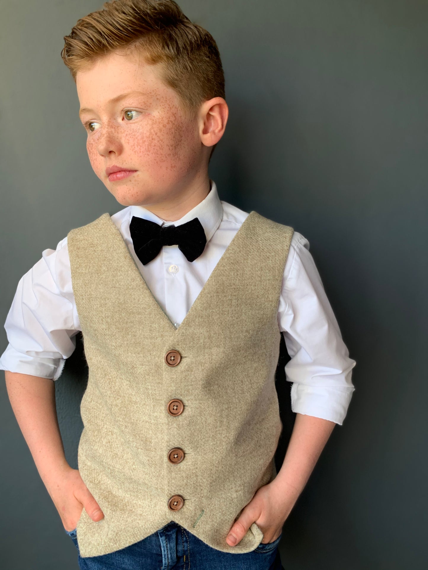 ‘Mr Tumnus’ Boys waistcoat handmade in adorable oatmeal British Tweed