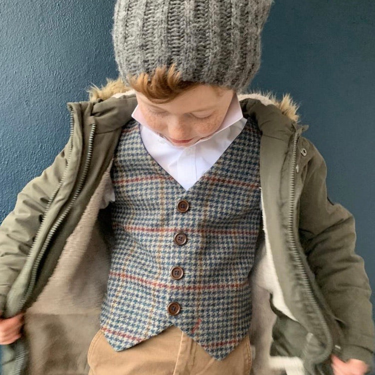 'A.A. Milne' Boys waistcoat handmade in navy dog tooth British Tweed with red over check - limited stock.