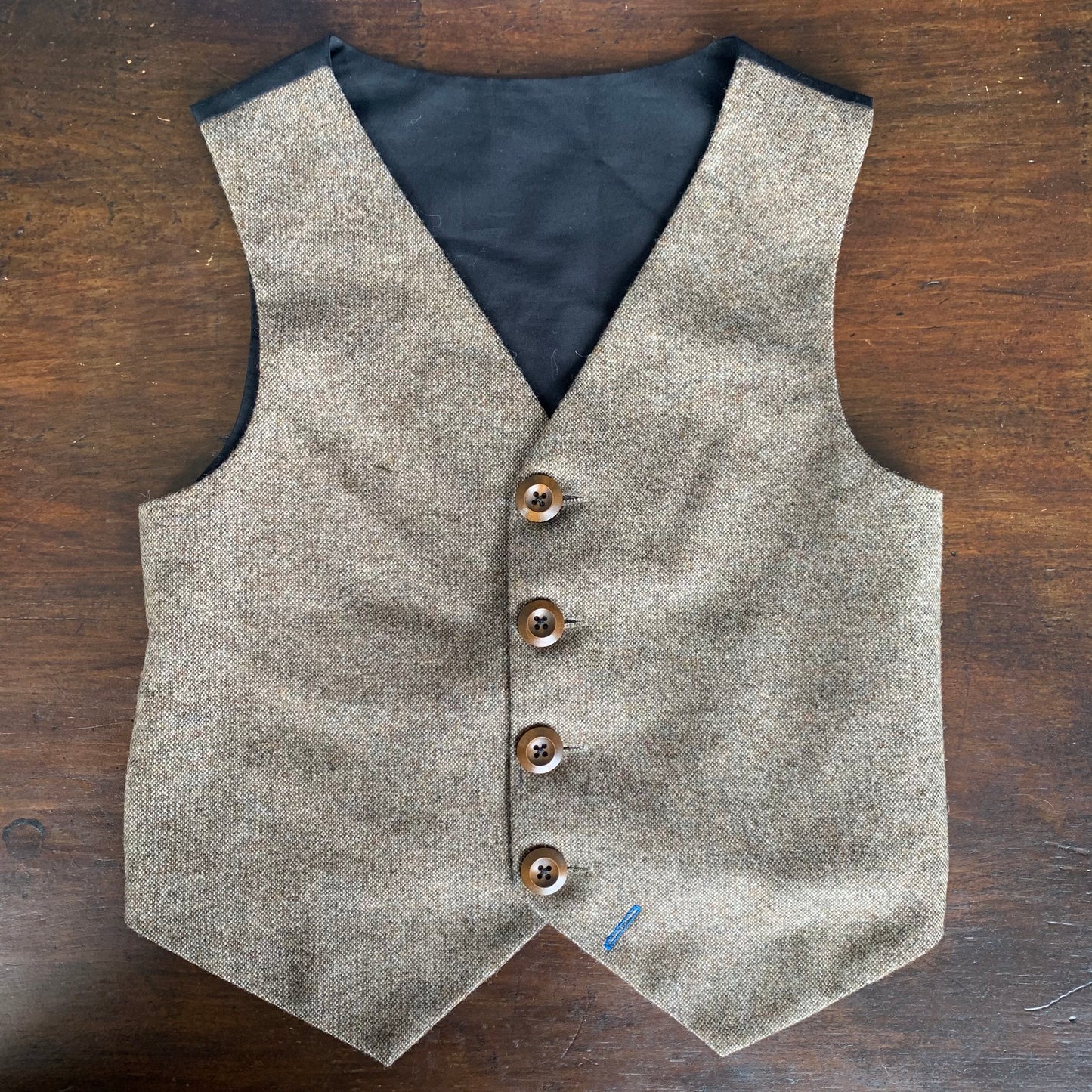 SAMPLE SALE 'Benjamin Button' Boys waistcoat handmade in natural British Tweed with black matt cotton back and lining size 7-8 years