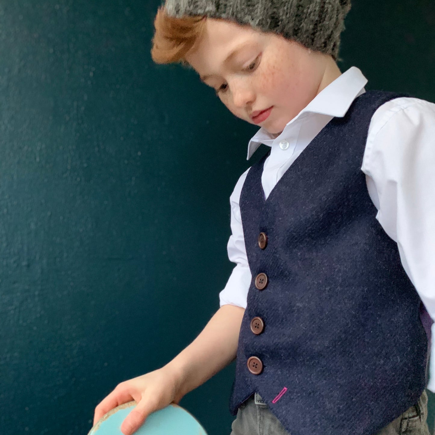 'Pod Clock' Boys waistcoat handmade in a opulent Navy shetland wool