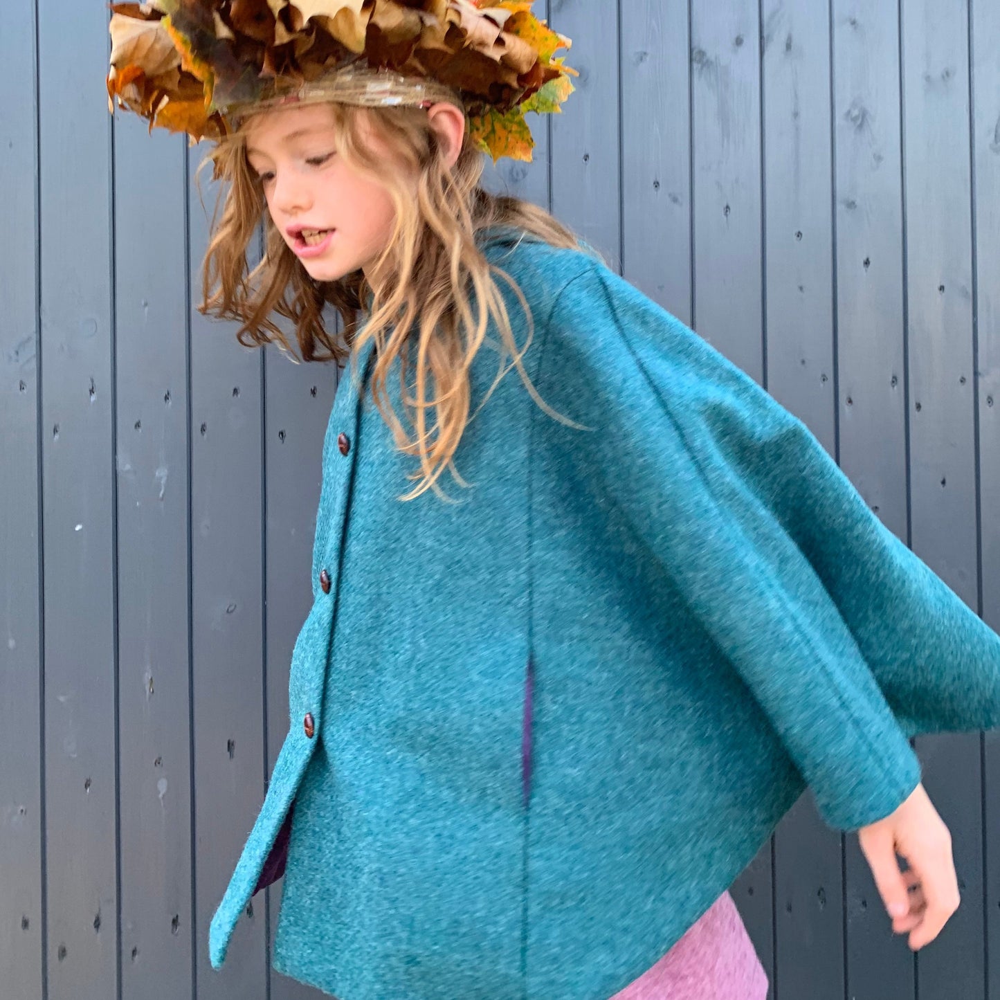 'Iris' Girls teal 100% Shetland Wool hooded cape  - Bilbo