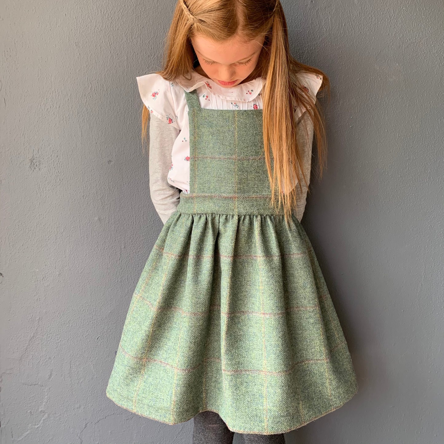 'Beatrix' Girls Pinafore handmade in soft green Pure British Tweed with subtle blue check - Lord M