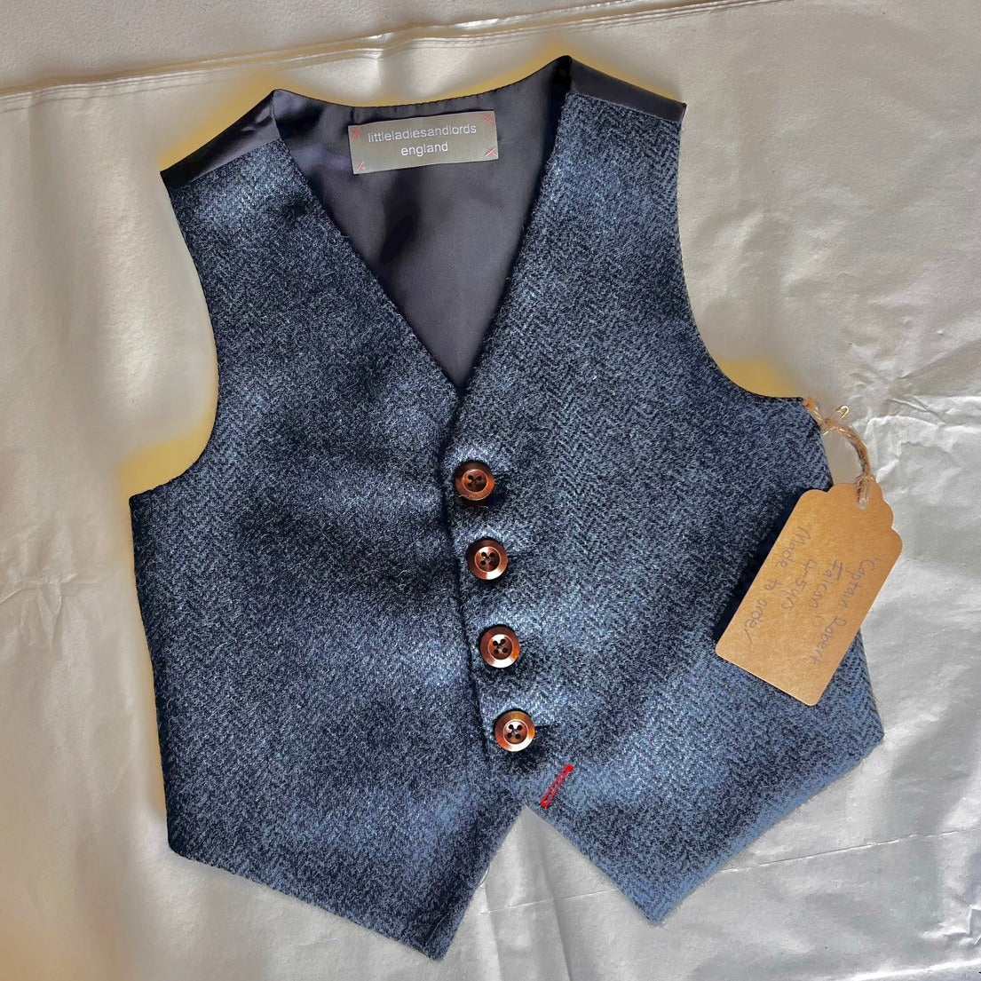 ’Captain Robert Falcon Scott' Boys waistcoat handmade in dark blue herringbone wool