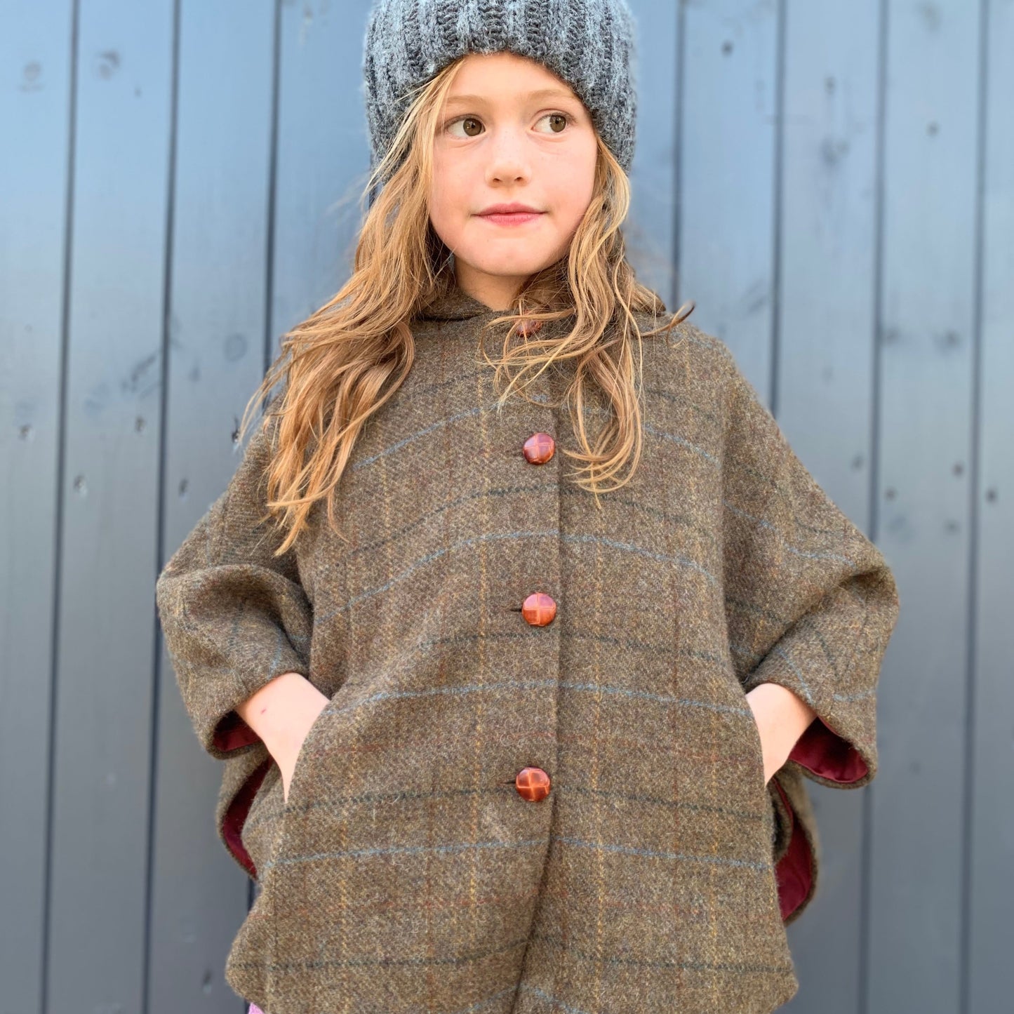 'Iris' Girls brown 100% Shetland Wool checked hooded cape - Christopher Robin