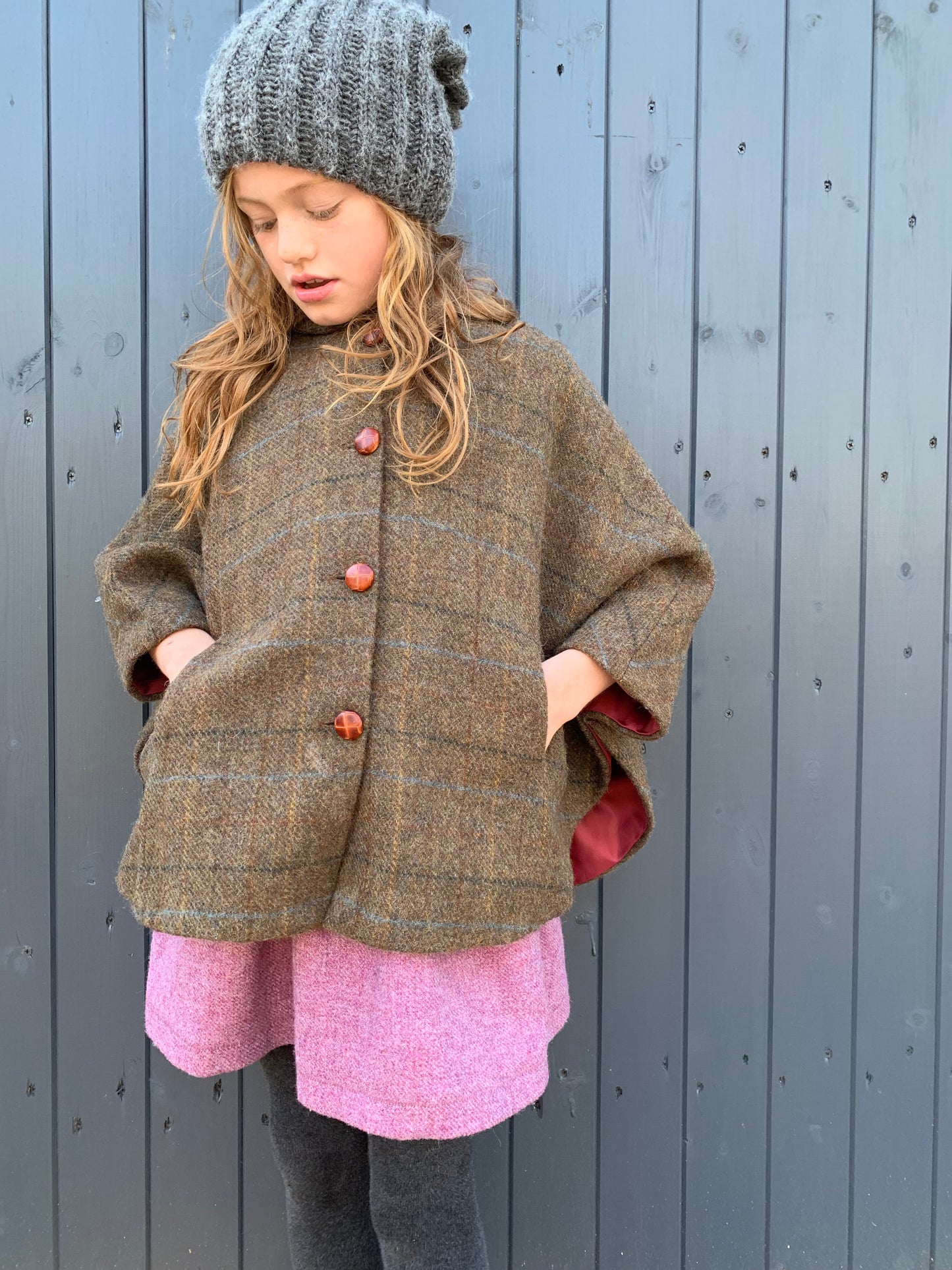'Iris' Girls brown 100% Shetland Wool checked hooded cape - Christopher Robin