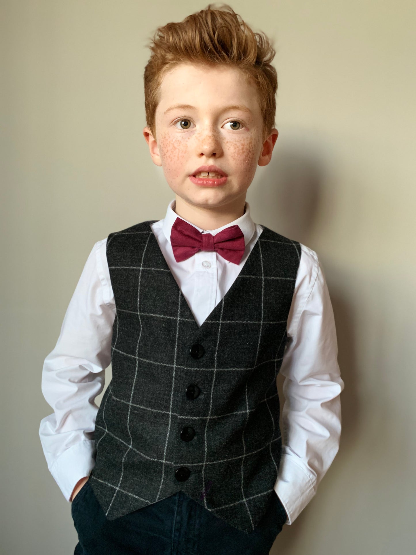 Boys waistcoat, British lambswool waistcoat, pageboy outfit, boys clothing, charcoal with grey overcheck waistcoat - Mr Banks
