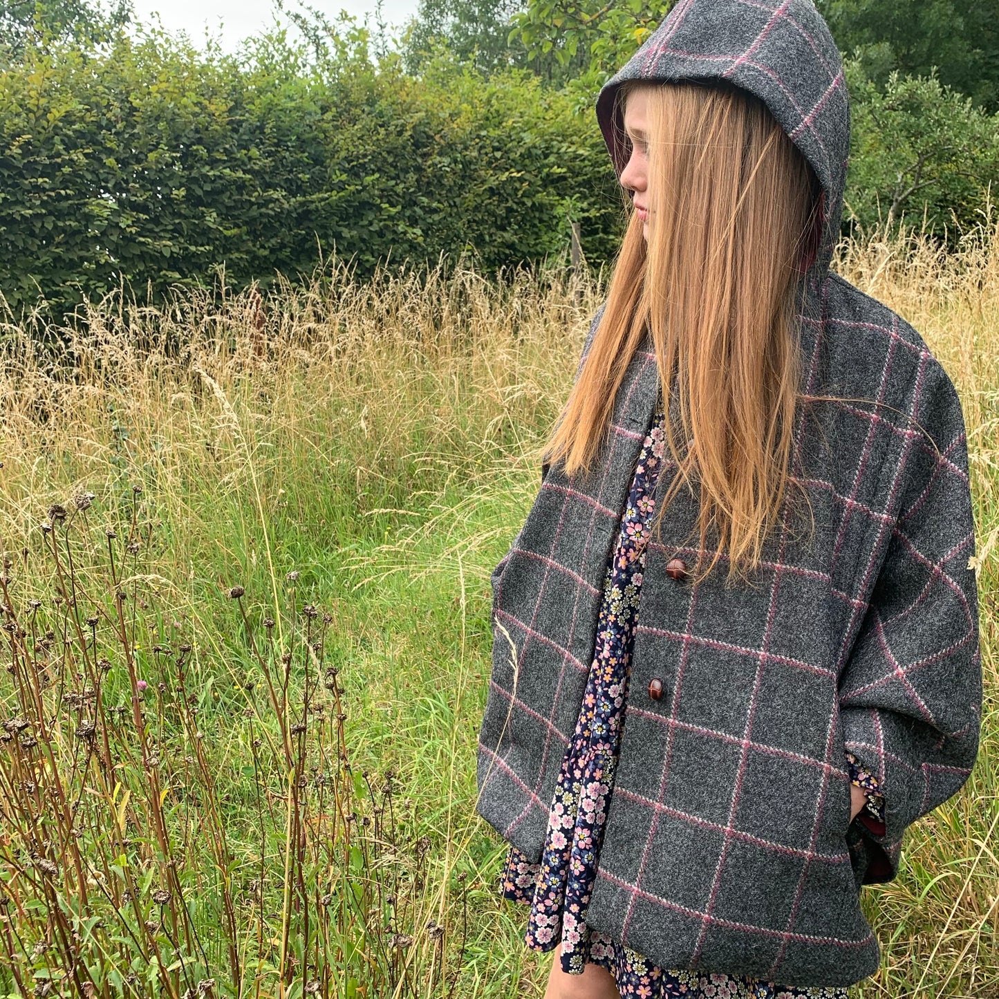 ‘Iris' Girls soft grey with pink window check Shetland Wool hooded cape  - 'Cicely Mary Barker'
