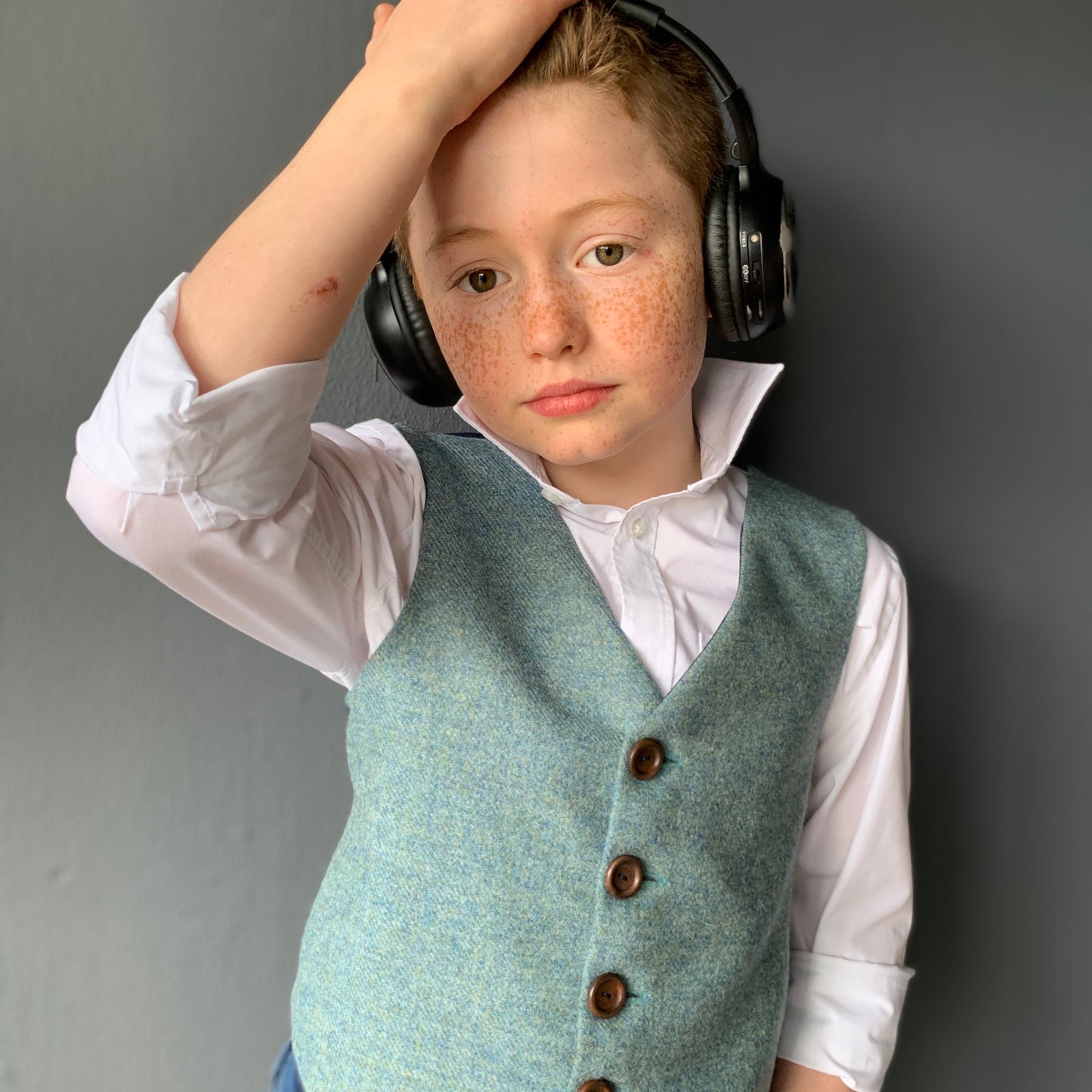 'P.T.Barnum 2023’ Boys waistcoat handmade in dolphin blue British tweed