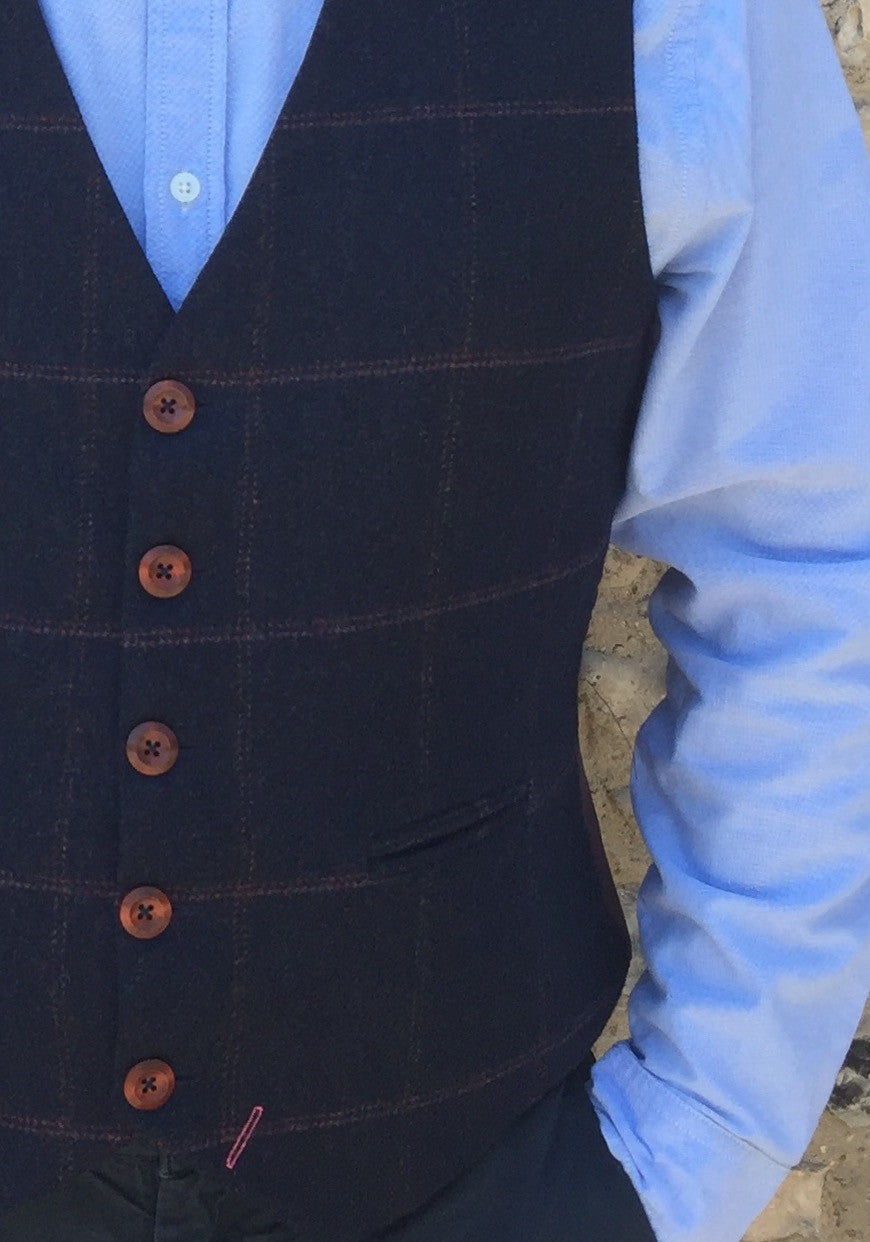 Mens waistcoat, British Tweed waistcoat, groom outfit, mens clothing, Dark blue waistcoat with over check - Tom Branson